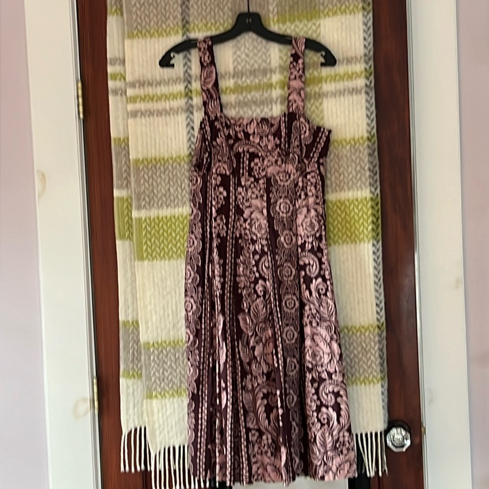 Barneys New York Burgundy and Pink Floral Velvet Midi Dress